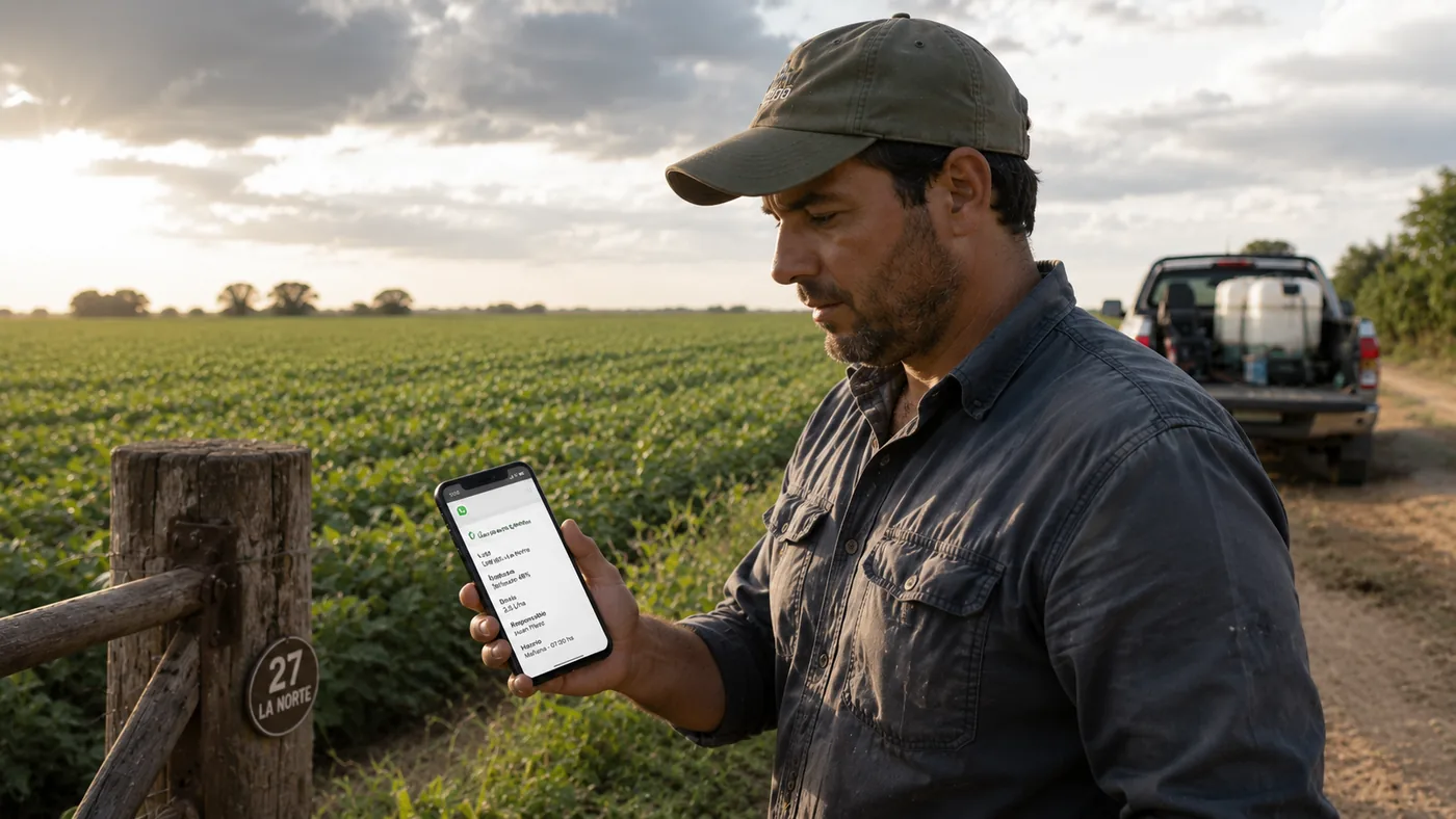 Productor enviando una orden de trabajo agrícola por audio de WhatsApp en el campo